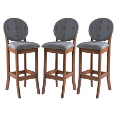 Kit 3 Banquetas Alta Estofada com Encosto Florence 113 x 36 Cm Madeira Maciça Linho Cinza L55 - RMI