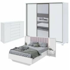 Quarto com Guarda-Roupa com Espelho 3 Portas 6 Gavetas, Cômoda 2 Portas 7 Gavetas e Cama Solaris Branco