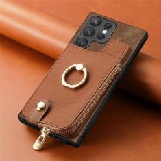 Capa de couro com suporte de anel de carteira para cartões com zíper para Samsung Galaxy A54 A34 A14 A53 A12 A23 5G S23 Ultra S22 S21 Plus capa de bolsa, marrom, para Galaxy A73 5G