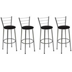 Kit 4 Banquetas Altas Cromada com Encosto Assento Preto - Jaddi