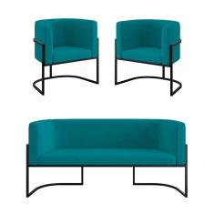 Kit Sofá 2 Lugares + 2 Poltronas Para Recepção Balaqui Azul Turquesa