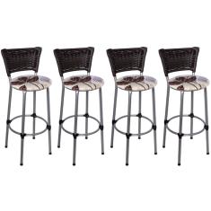 Kit 4 Banquetas Altas Prata com Encosto Junco Argila Assento Floral Marrom