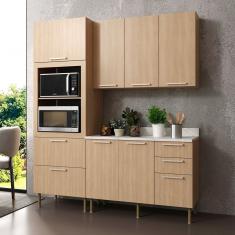 Cozinha Compacta Tulipa 170cm 3 Peças, 6 Portas e 5 Gavetas com Divisor de Talheres e Tampo Cz1103 Freijó/Branco