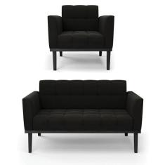 Sofá Namoradeira E Poltrona Base De Madeira Preto Elisa Suede Preto D0