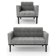 Sofá Namoradeira E Poltrona Base De Madeira Preto Elisa Linho Grafite 