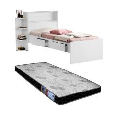 Cama Quarto Solteiro Branco Gavetas, Prateleiras, Colchão