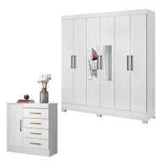 Cômoda Montevidéu E Guarda Roupa Casal Prático Branco Com Espelho - Demóbile