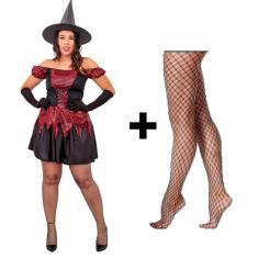 Fantasia Halloween Adulto Bruxa Vestido + Chapéu + Meia Arrastão Vestido de Bruxa Malvada Feiticeira Brilho Carnaval