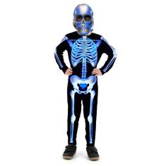 Fantasia Esqueleto Infantil Azul Elétrico Halloween +Máscara