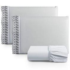 Jogo De Lençol Casal 3 Peças Basic Percal 180 Fios Lese Bordado Inglês - Cinza