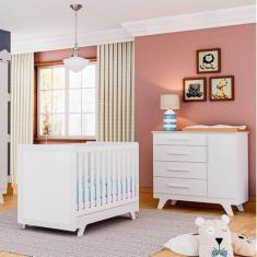 Quarto de Bebê com Cômoda e Berço Mini Cama 100% MDF Retrô Jolie Branco Brilho