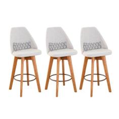 Kit 03 Banquetas Alta Maya Giratória Com Encosto Gourmet Linho Bege e 