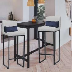 Kit 02 Banqueta Alta com Encosto Lucca Industrial Cozinha Balcão Ferro Preto Sintético Branco e Almofada Azul Marinho - Ahazzo Móveis