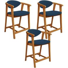 Kit 03 Banquetas Baixa Para Cozinha Sala Jantar Bancada Cecília L02 Suede Azul Marinho - Lyam Decor