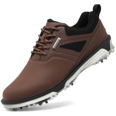 ULTIANT Tênis de golfe masculino com sola fixa sem pregos, impermeável, leve, antiderrapante, tamanho 37-44, Marrom, 42