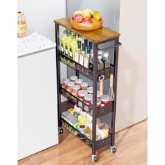 OKZEST Carrinho de armazenamento fino utilitário, carrinho pequeno de 4 andares com tampo de madeira, armário de armazenamento de banheiro estreito de metal, prateleira móvel, organizador de unidade