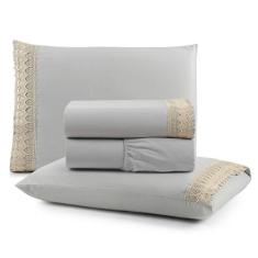 Jogo de Lençol Queen Suavitec com Grippir 4 Peças - Cinza - 100% Algod