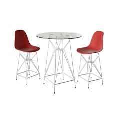 Jogo Mesa Bistrô Eames Vidro 60Cm 2 Banquetas Vermelha Base Ferro Branco - Cor: Branco