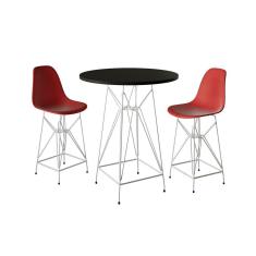 Jogo Mesa Bistrô Eames Preta 60Cm 2 Banquetas Vermelha Base Ferro Branco - Cor: Preto