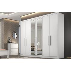 Guarda Roupa Casal Rizon-Linea Plus 6 Portas de Bater 4 Gavetas MDF com Espelho Branco Móveis Novo Horizonte