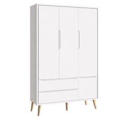 Guarda Roupa Infantil Solteiro Theo 3 Portas 2 Gavetas Branco Acetinado Madeira Natural Reller