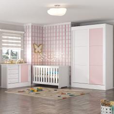 Quarto De Bebê Completo Guarda Roupa 2 Portas 2 Gavetas Com Cômoda E Berço Maya Espresso Móveis Branco-rosa