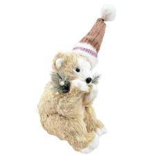 Urso Palha E Rosa Natalino 34X13X18Cm Enfeite De Natal