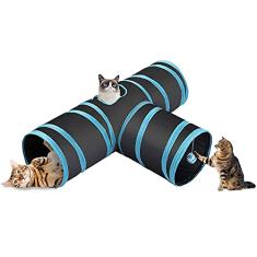 Túnel para gatos Dobrável Com Bolinha em T - Preto e Azul