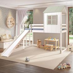Cama Alta Infantil Cabana Family com Escorregador Casatema Branco/Verde