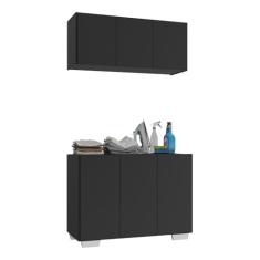 Conjunto Lavanderia Multiuso Armário Aéreo e Balcão 3 Portas Multimóveis Mp5051 Preto/branco
