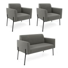 Sofá Namoradeira e 2 Poltronas Pé de Ferro Preto Marisa Suede Grafite D03 - D`Rossi