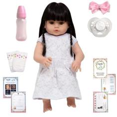Boneca Reborn Gatinha Morena Vestido Branco Completa + Itens - Cegonha