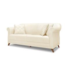 Sofá 3 Lugares Pé De Madeira Julieta 220 Cm Linho Pérola S04 - D'rossi