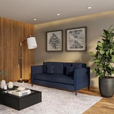 Sofá 3 Lugares Borís Base de Madeira Linho Cotton Azul Marinho. - Mobl