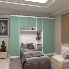 Quarto De Solteiro Com Guarda Roupas E Mesa De Cabeceira Alpes Luciane Móveis Branco Pf Com Verde Pf