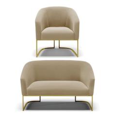 Sofá Namoradeira e Poltrona Industrial Dourado Stella Suede Marrom R D