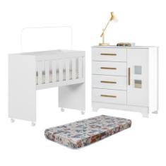 Quarto de Bebê com Mini Berço com Colchão 5 em 1 Ariel e Cômoda 4 Gave