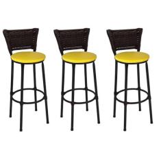 Kit 3 Banquetas Altas Preta com Encosto Junco Argila Assento Amarelo -