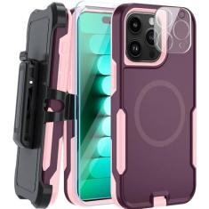 MUITQ Capa magnética para iPhone 15 Pro Max, [compatível com MagSafe] [coldre com clipe de cinto], com 2 películas de vidro + 1 proteção de lente, capa de telefone para Apple iPhone 15 Pro Max de 6,7