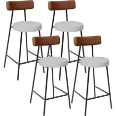Kit 04 Banquetas Baixa Cozinha Sala De Jantar Milão L02 Couríssimo Marrom Linho Cinza
