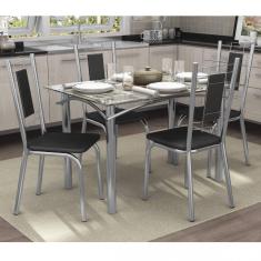 Conjunto Sala de Jantar Mesa Tampo de Vidro Elba e 4 Cadeiras Florença Crome Kappesberg Cromado/Preto