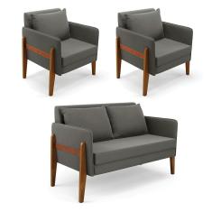 Kit 1 Sofá Namoradeira E 2 Poltronas Lana Suede Grafite Base De Madeira - D`rossi
