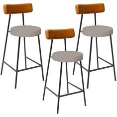 Kit 03 Banquetas Baixa Bar Cozinha Sala Jantar Milão L02 Couríssimo Whisky Linho Bege - Lyam Decor