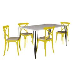 Conjunto De Mesa Elen Retangular Tampo De Madeira 140X80Cm Branco Com 4 Cadeiras Katrina Amarela