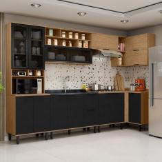 Cozinha Modulada Toscana 7 Peças Mdf com Paneleiro 1 Forno e Armários Canto Freijó/Nero