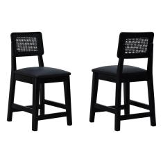 Kit 2 Banquetas Baixa-cadeira Gabi Madeira Maciça Encosto Telinha Assento Estofado - Preto Assento Estofado Corano Preto