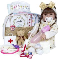 Bebê Reborn Menina Baby Cabelos Castanhos Bolsa Maternidade - Cegonha 