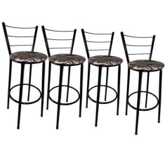 Kit 4 Banquetas Altas Preta com Encosto Assento Floral Marrom - Fortmi