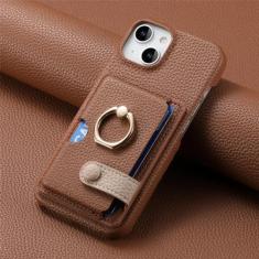 Capa de telefone com suporte de anel de couro para iPhone 13 12 Mini 15 14 11 Pro Max X XS XR 7 8 Plus Carteira com capa de suporte de cartão, marrom, para iPhone 15