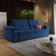 Sofá 4 Lugares Retrátil Reclinável com USB Veludo 250cm Khalifa Wood Estofados - Azul